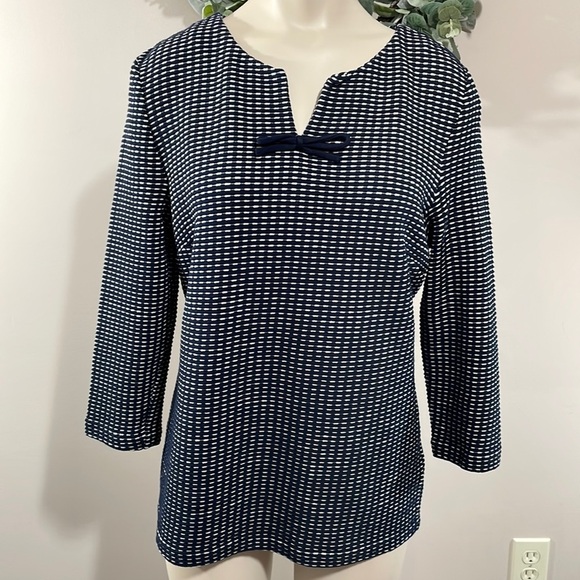 Talbots Tops - Talbots Petites Navy and White Bow Accent 3/4 Sleeve Top MP